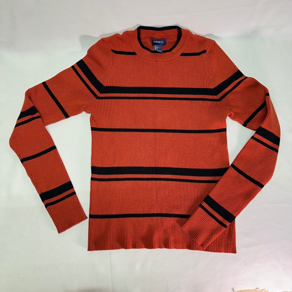 FOREVER 21 Orange Black Striped Fitted Sweater‎ Long Sleeves Womens Large